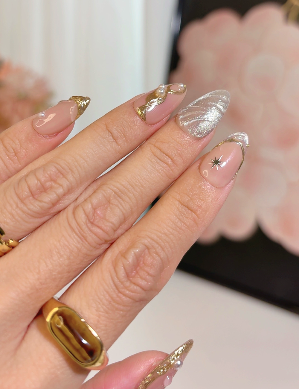Gold French Pearl Press-On Nails – Medium Almond Luxe Swirl & Star Design