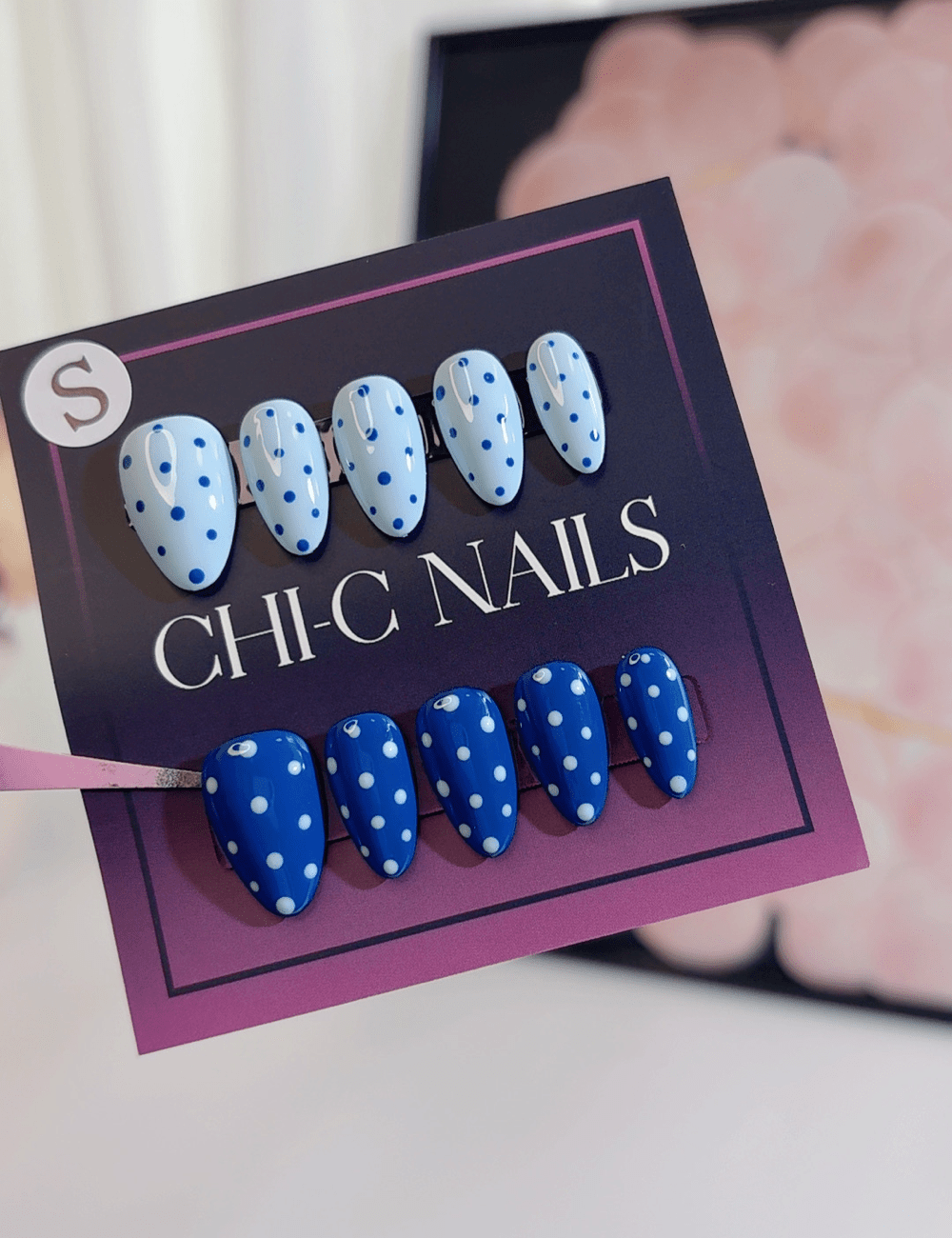 Blue Polka Dot Press-On Nails | Short Almond Reusable