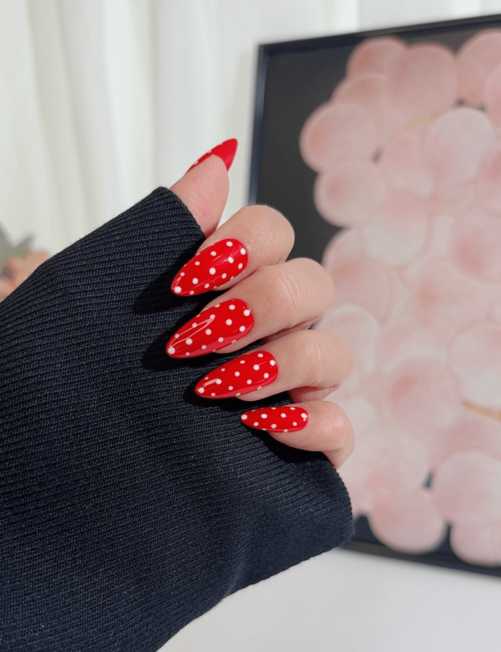 Red Polka Dot Press-On Nails | Medium Almond Reusable