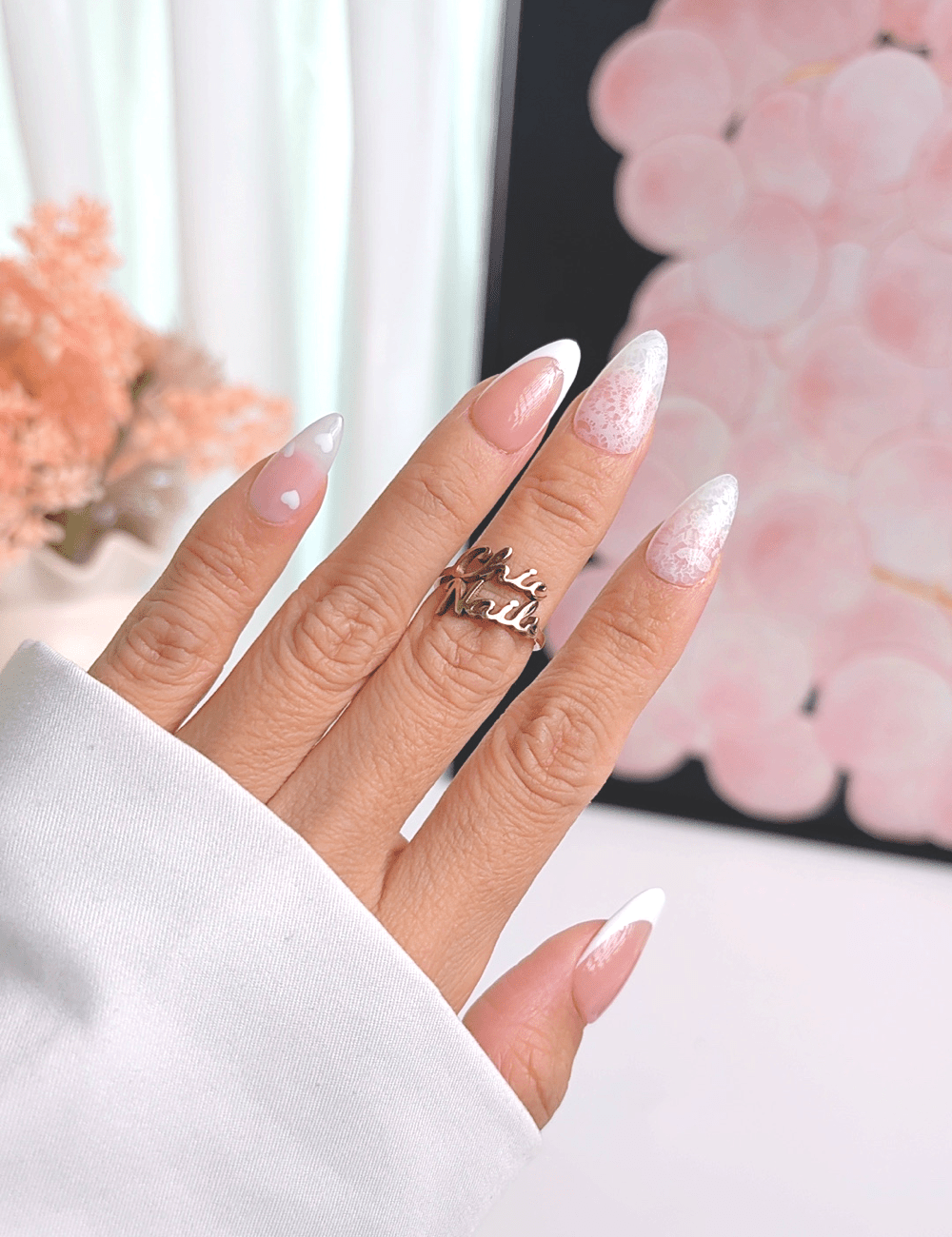 Valentine Lace French Press On Nails – Medium Almond Pink & White Heart Nails