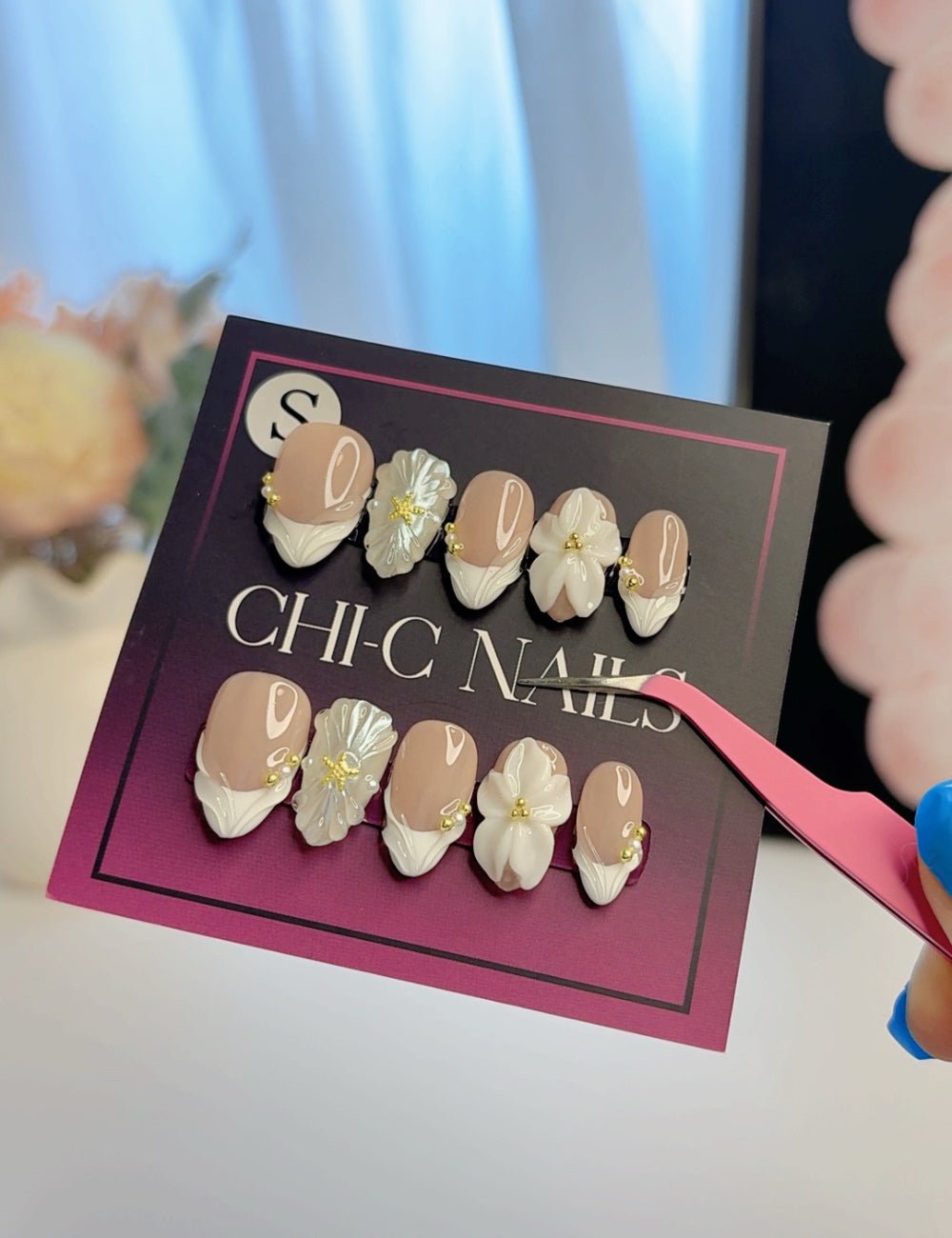 Handmade White French Pearl 3D Floral Short Almond Press-On Nails