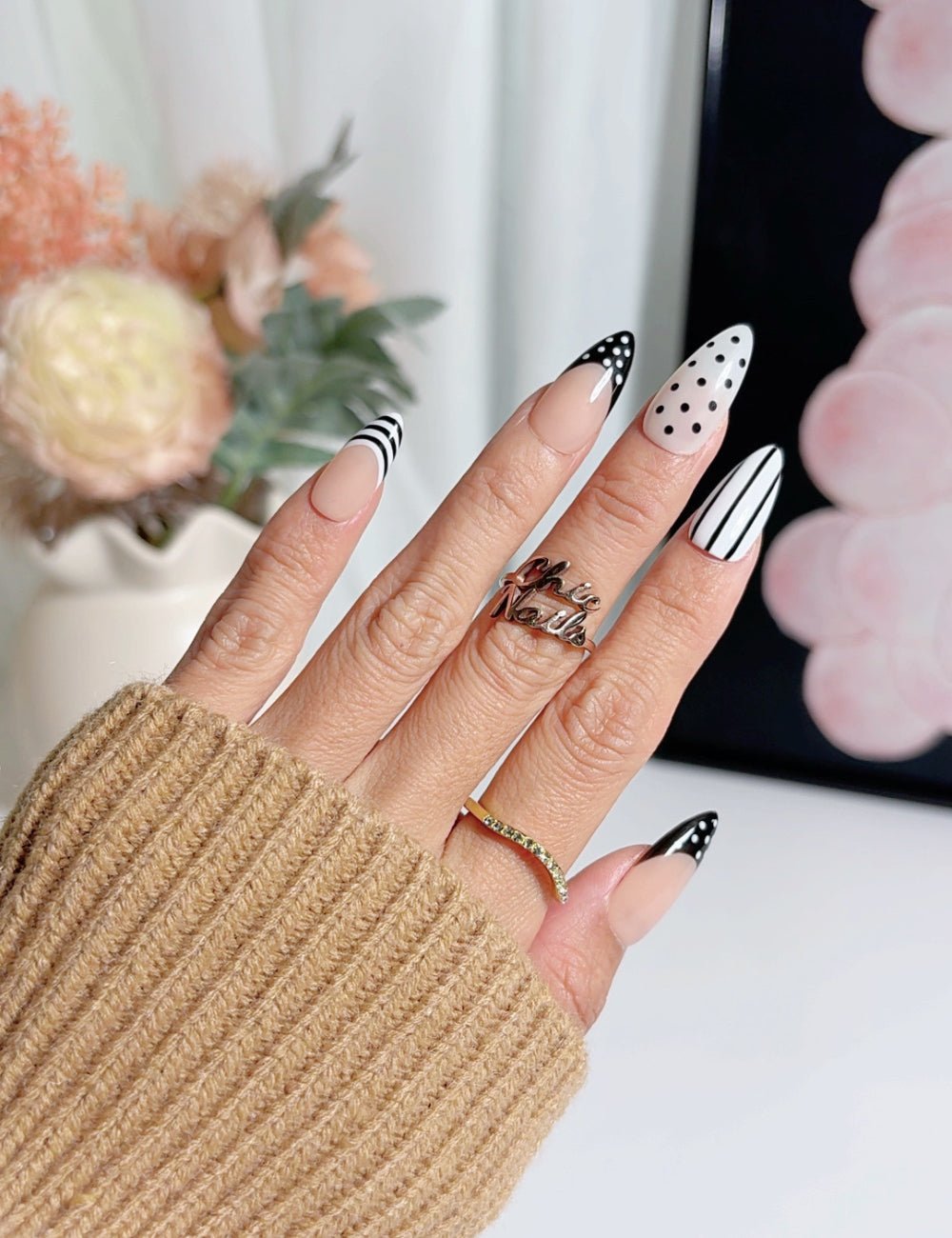 Monochrome Dot & Stripe Medium Almond Nails