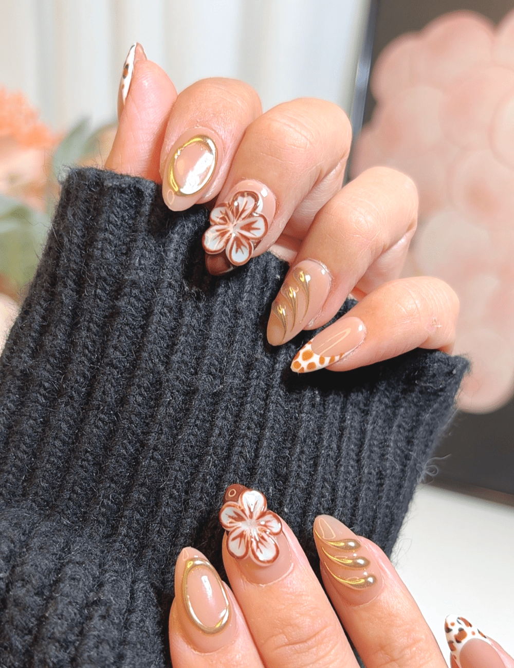 Leopard & Gold 3D Flower – Short Almond