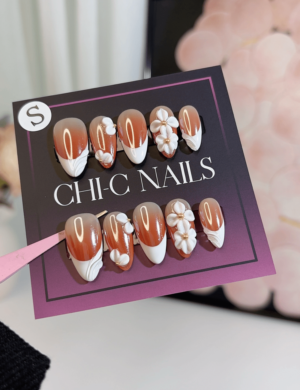 Rusty Brown 3D Floral French Press-On Nails – Autumn Elegance | CHICNAILS