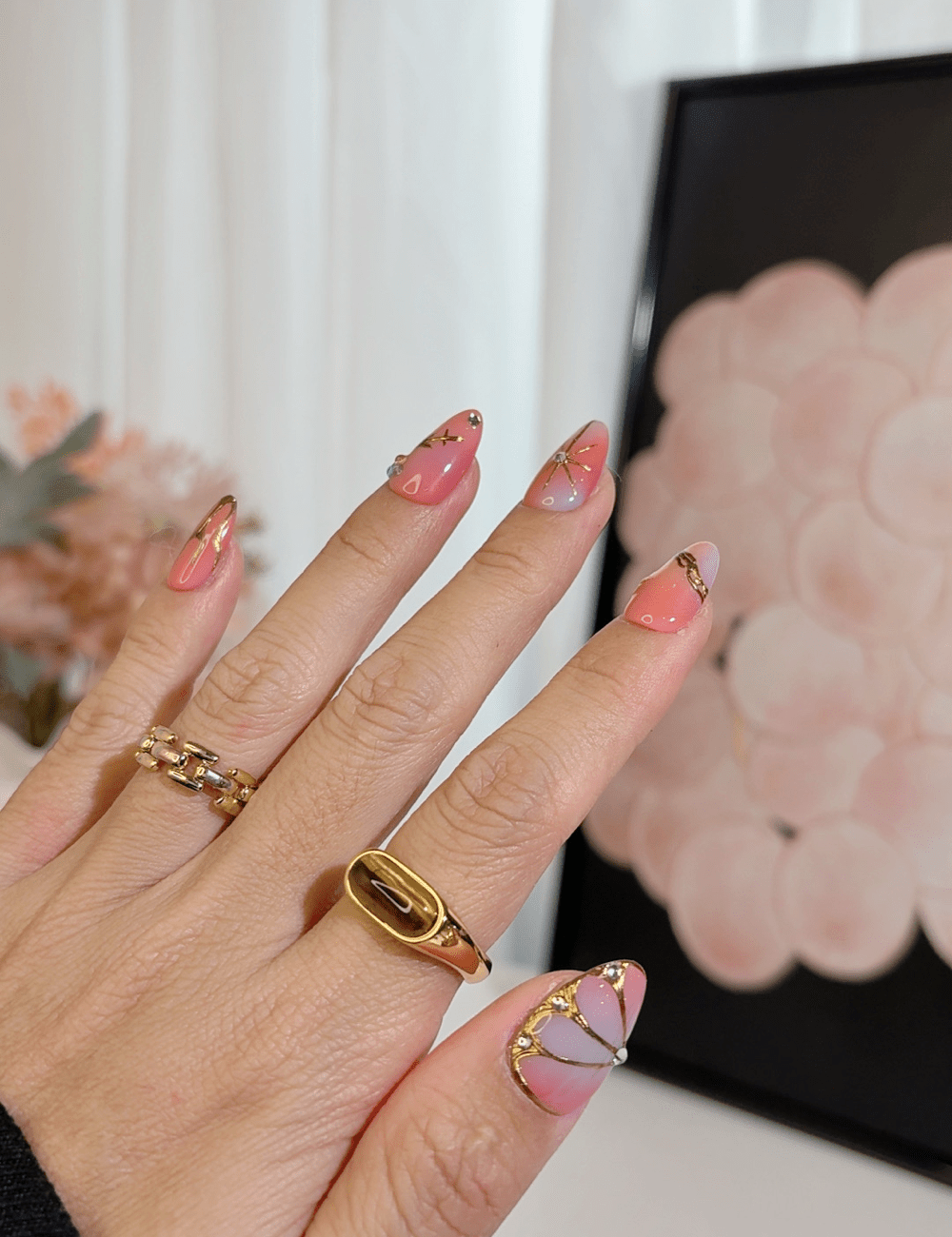 Coral Pink Celestial Press-On Nails – Short Almond with Gold Star & Moon Accents