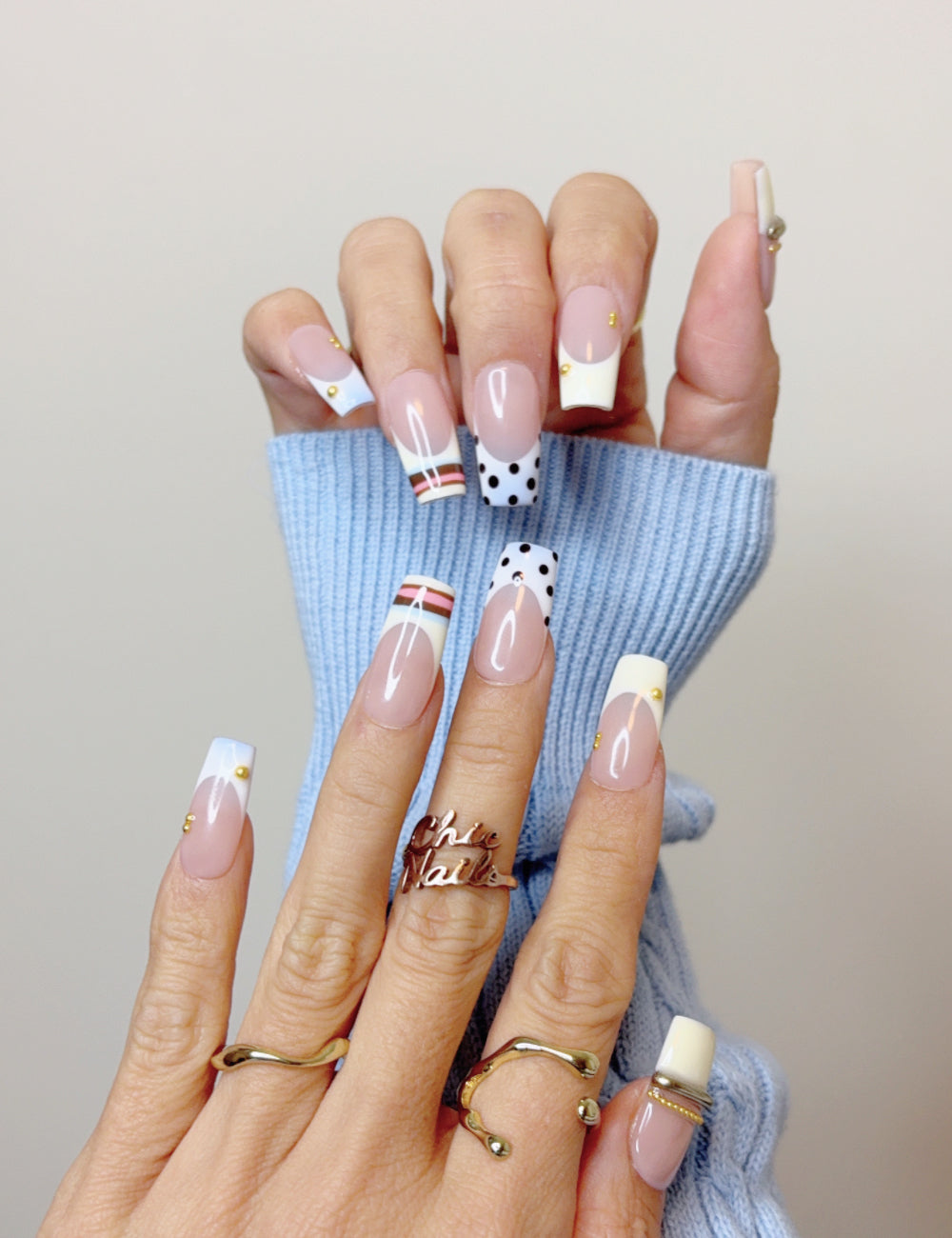 Handmade White French Polka Dot Press-On Nails – Medium Square