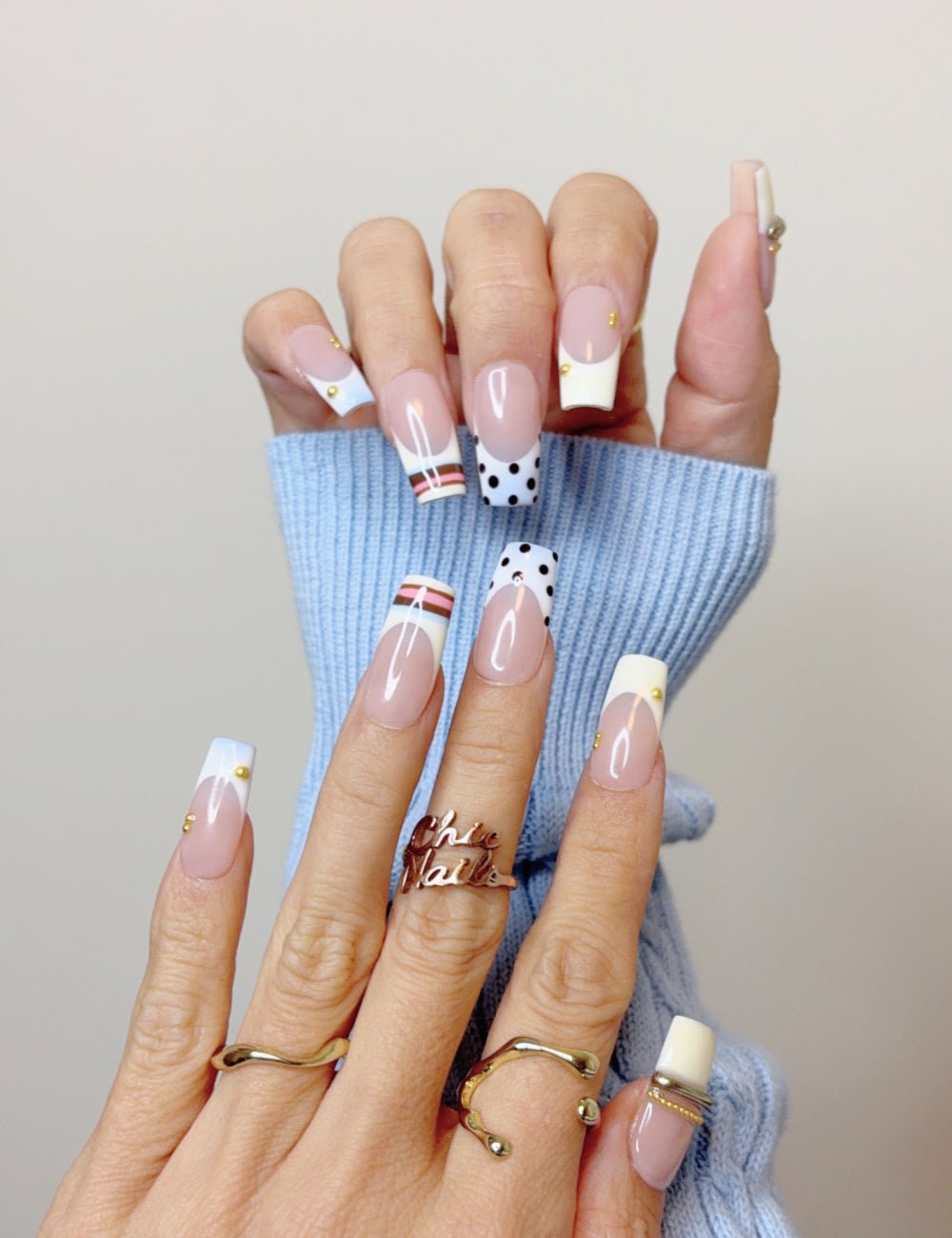 Handmade White French Polka Dot Press-On Nails – Medium Square