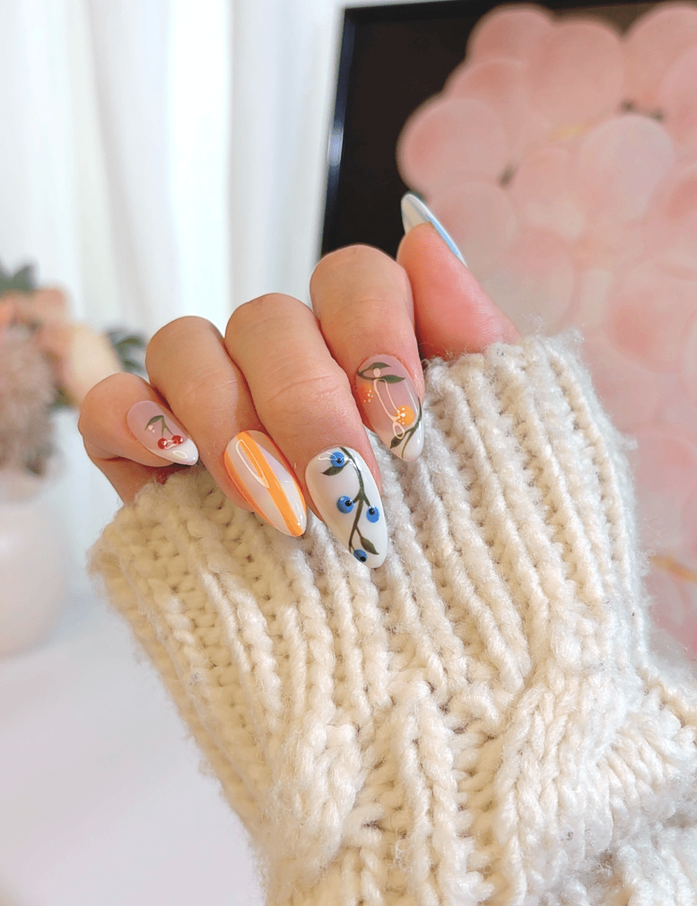 Fruit Garden Press-On Nails – Medium Almond | Colorful Summer Design