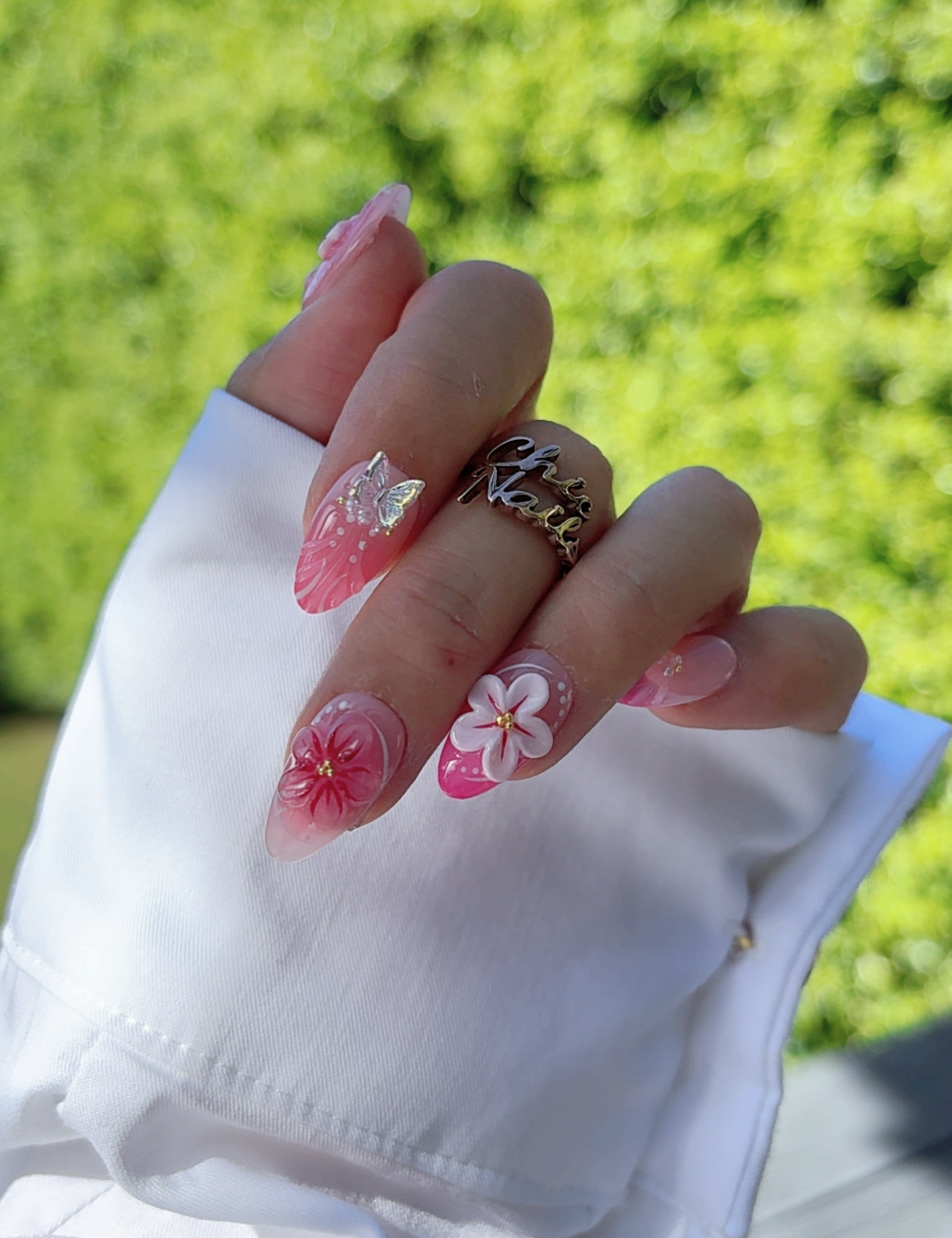 Strawberry Bloom – Pink 3D Flower Short Almond Press-On Nails