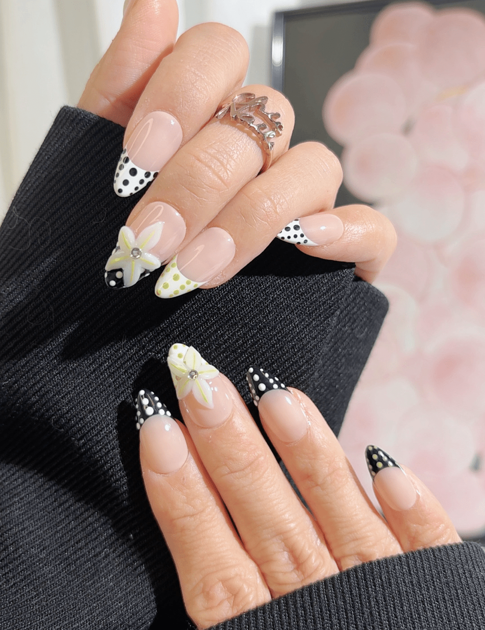 Polka Dot Floral French Press-On Nails – Medium Almond