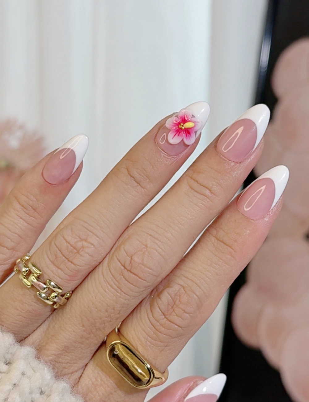 White French Press-On Nails with 3D Pink Flower – Medium Almond Spring Design