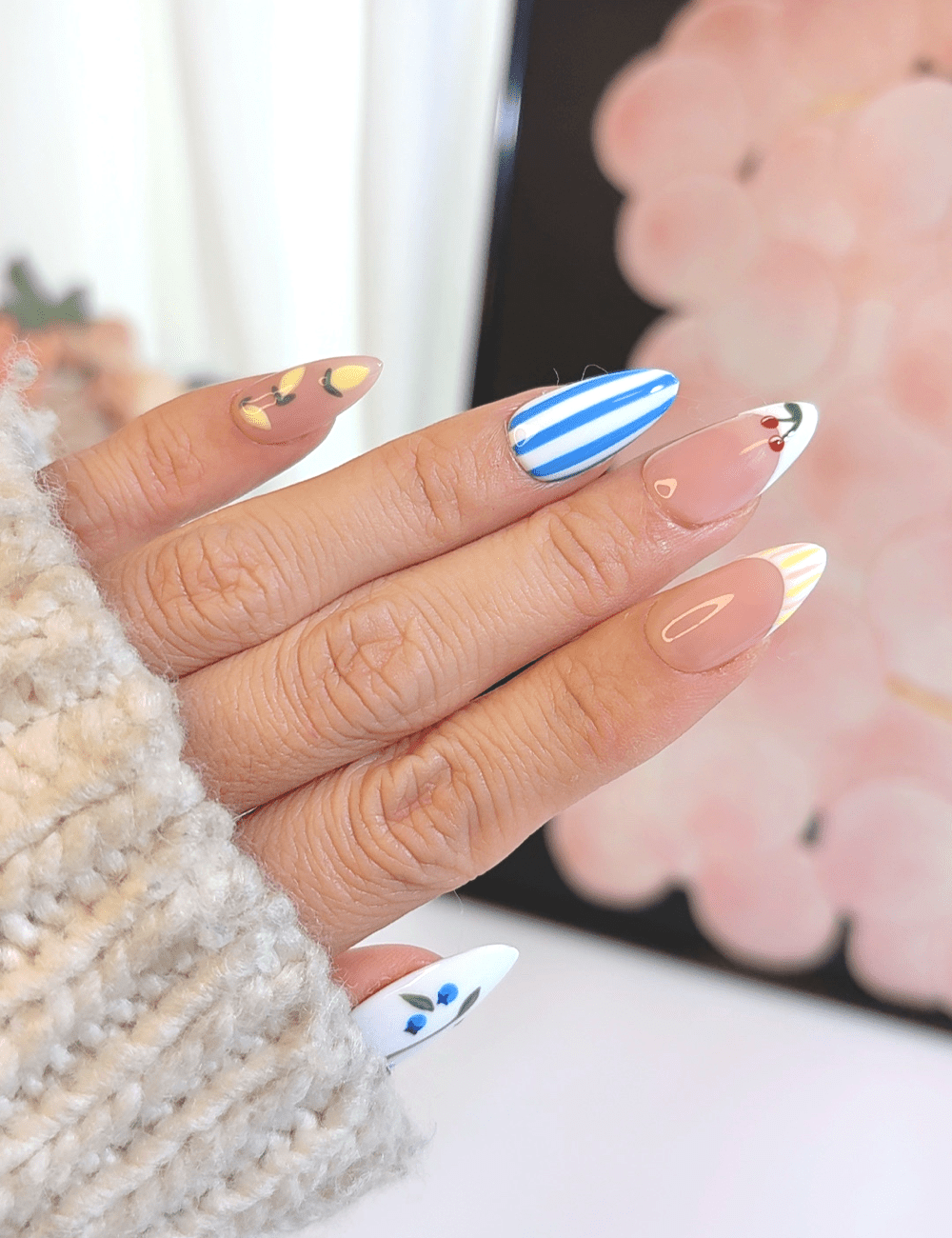 Fruit Mix Press-On Nails – Medium Almond | Summer Stripes & Fruity Design