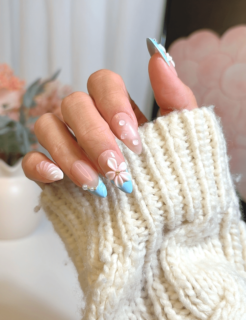 Blush Blue Bloom & Dewy Petals – Medium Almond