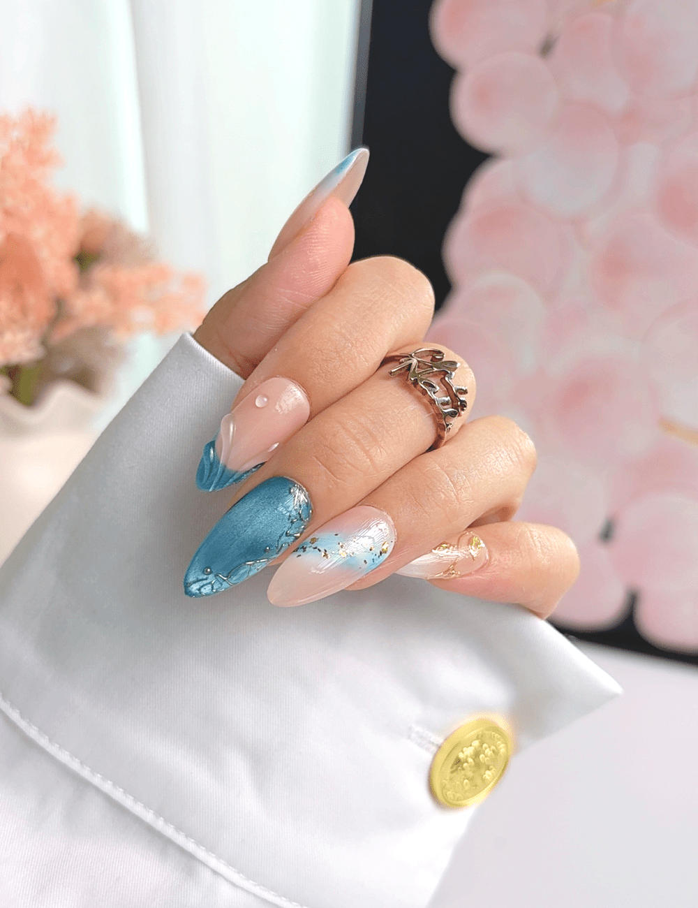 Blue Gold Floral Press On Nails | Nude Almond Nails | Elegant Blue Accent Design | Handmade Press On Nails