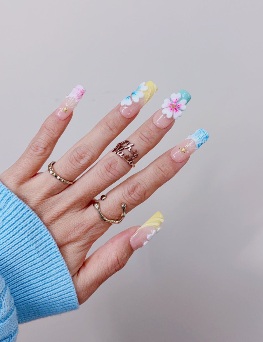 Pastel Plaid Floral Long Square Press On Nails