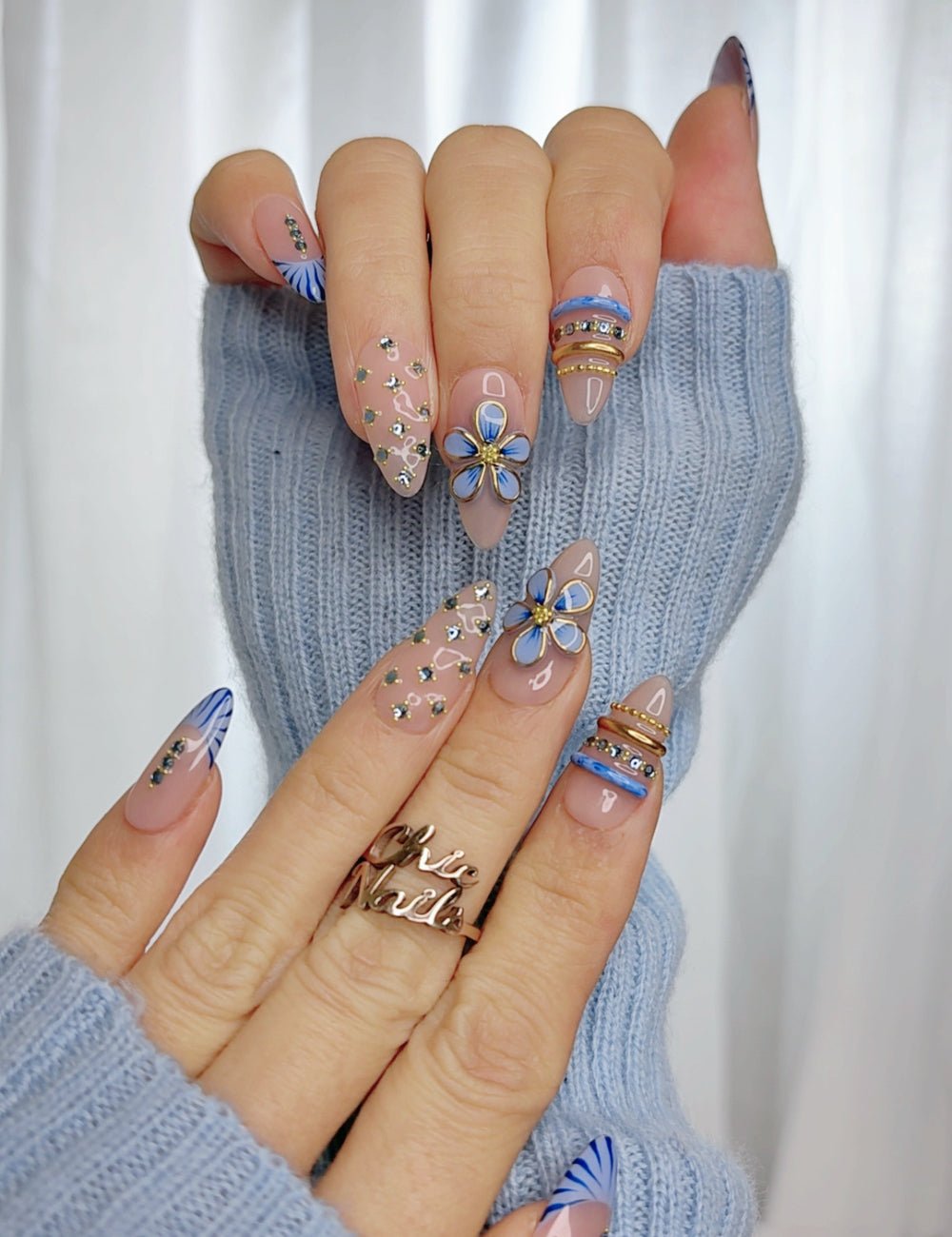 Blue Blossom French Press-On Nails | Nude Floral Almond Nail Set