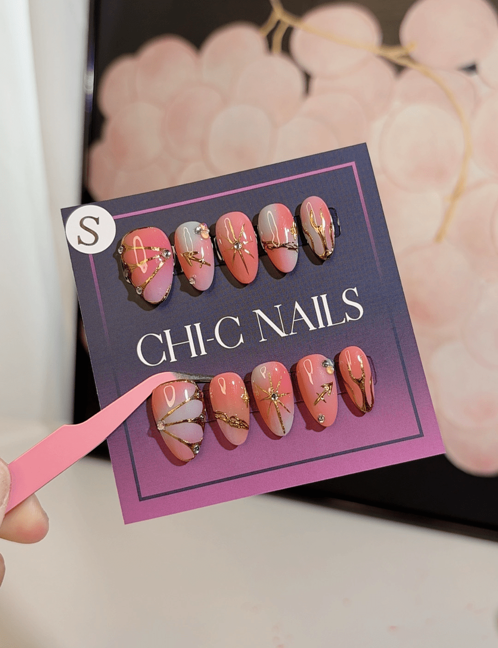 Coral Pink Celestial Press-On Nails – Short Almond with Gold Star & Moon Accents