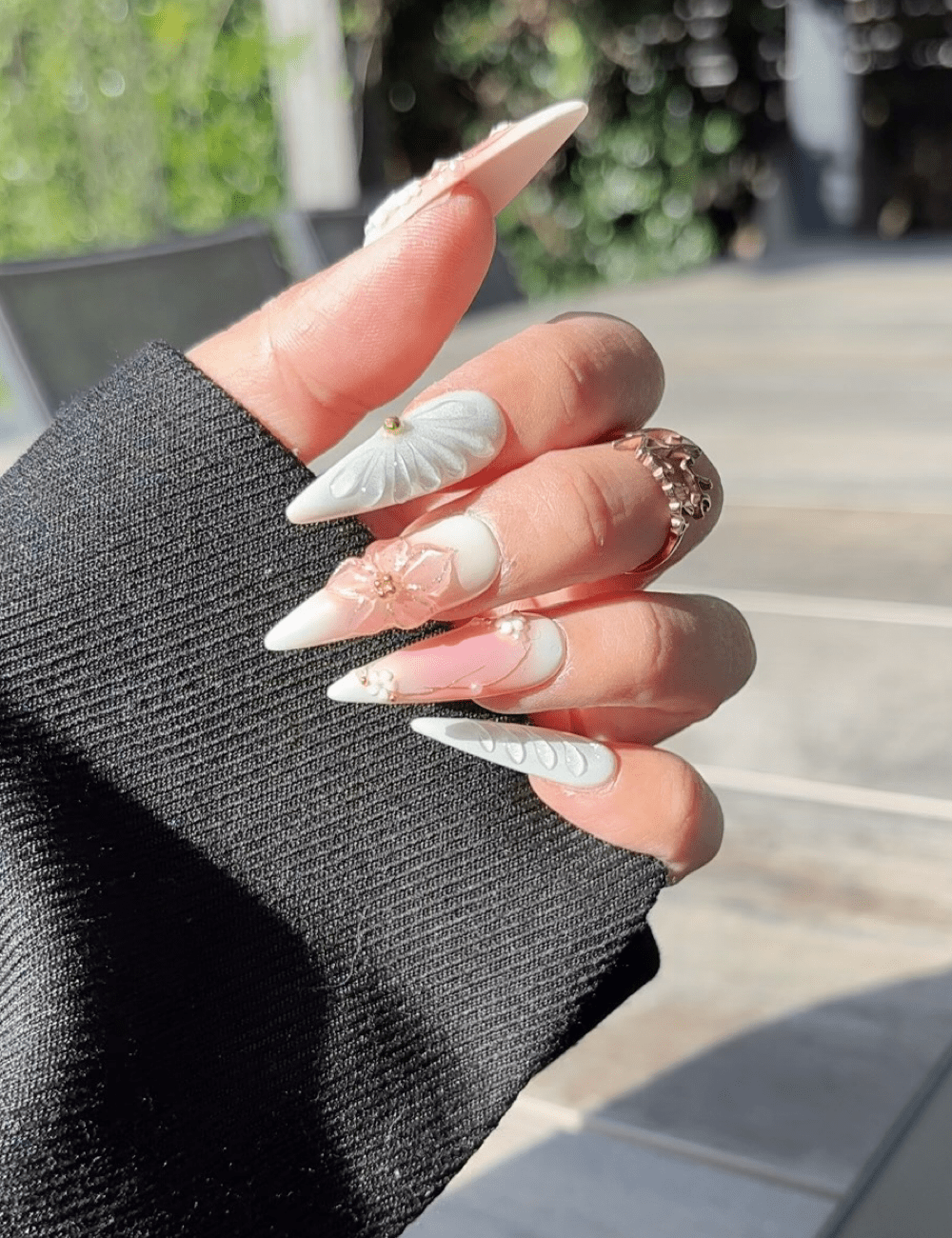 3D Butterfly & Floral Press-On Nails – Long Stiletto Pearl White with Gold Accents