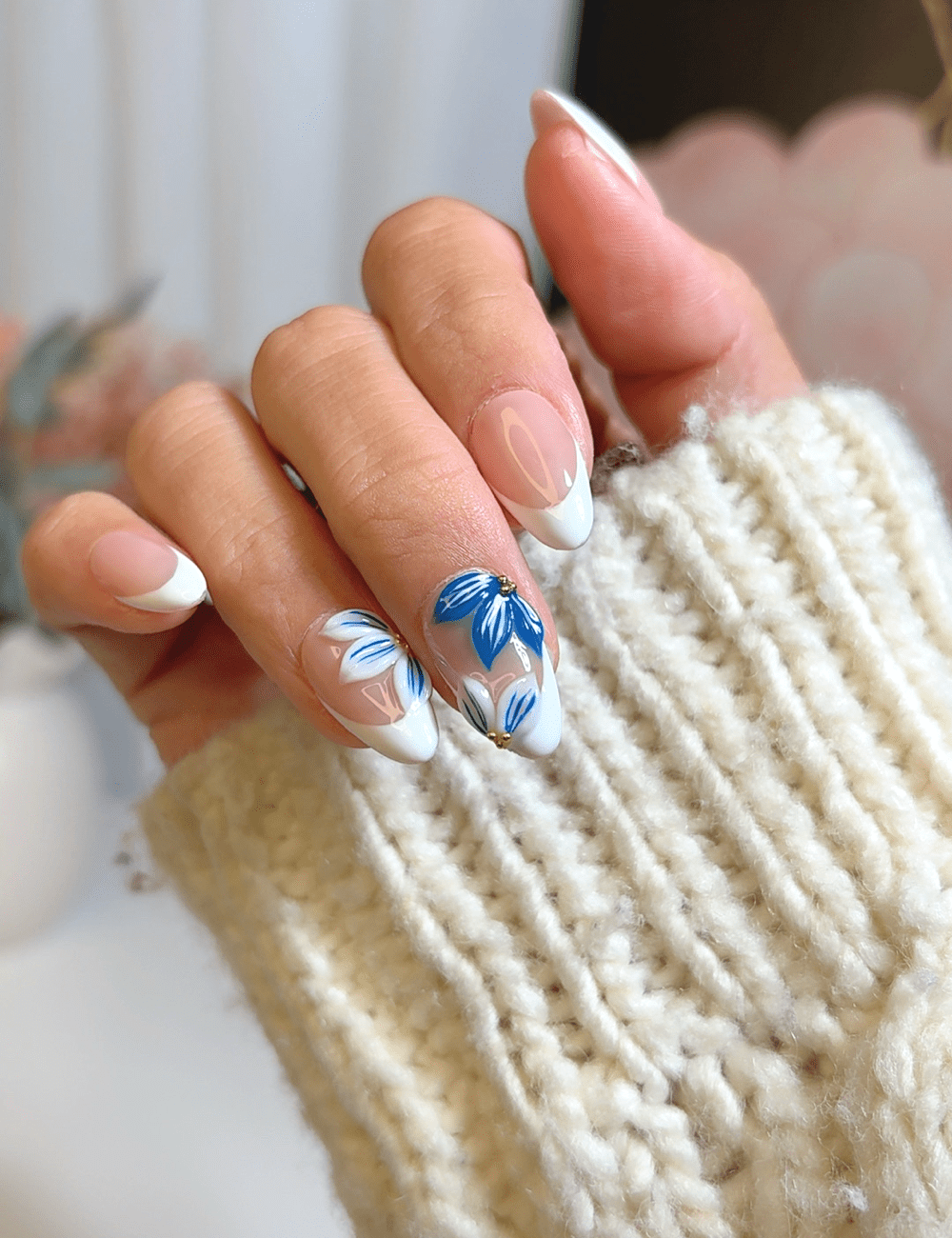 Hand-Painted Blue Petals – Short Almond