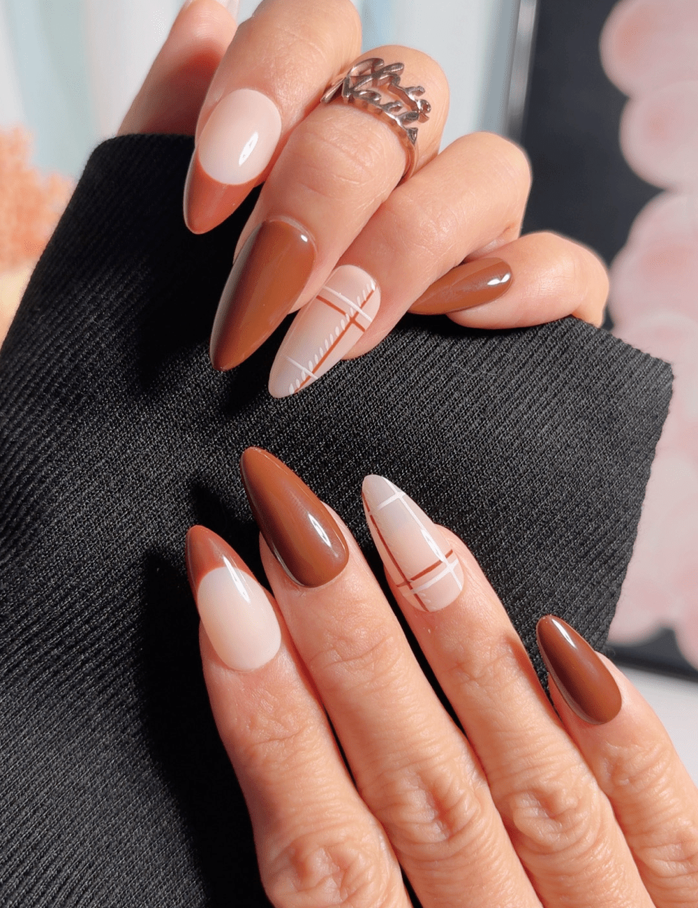 Caramel Mocha Plaid Press On Nails | Classic Almond Autumn Edition