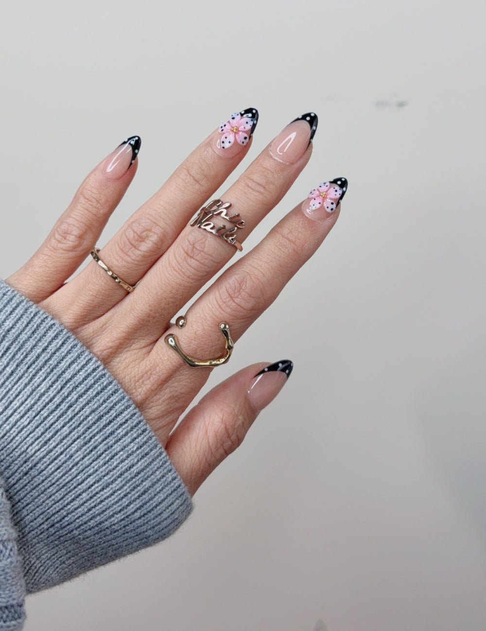 Pink Floral Black French Short Almond Press On Nails