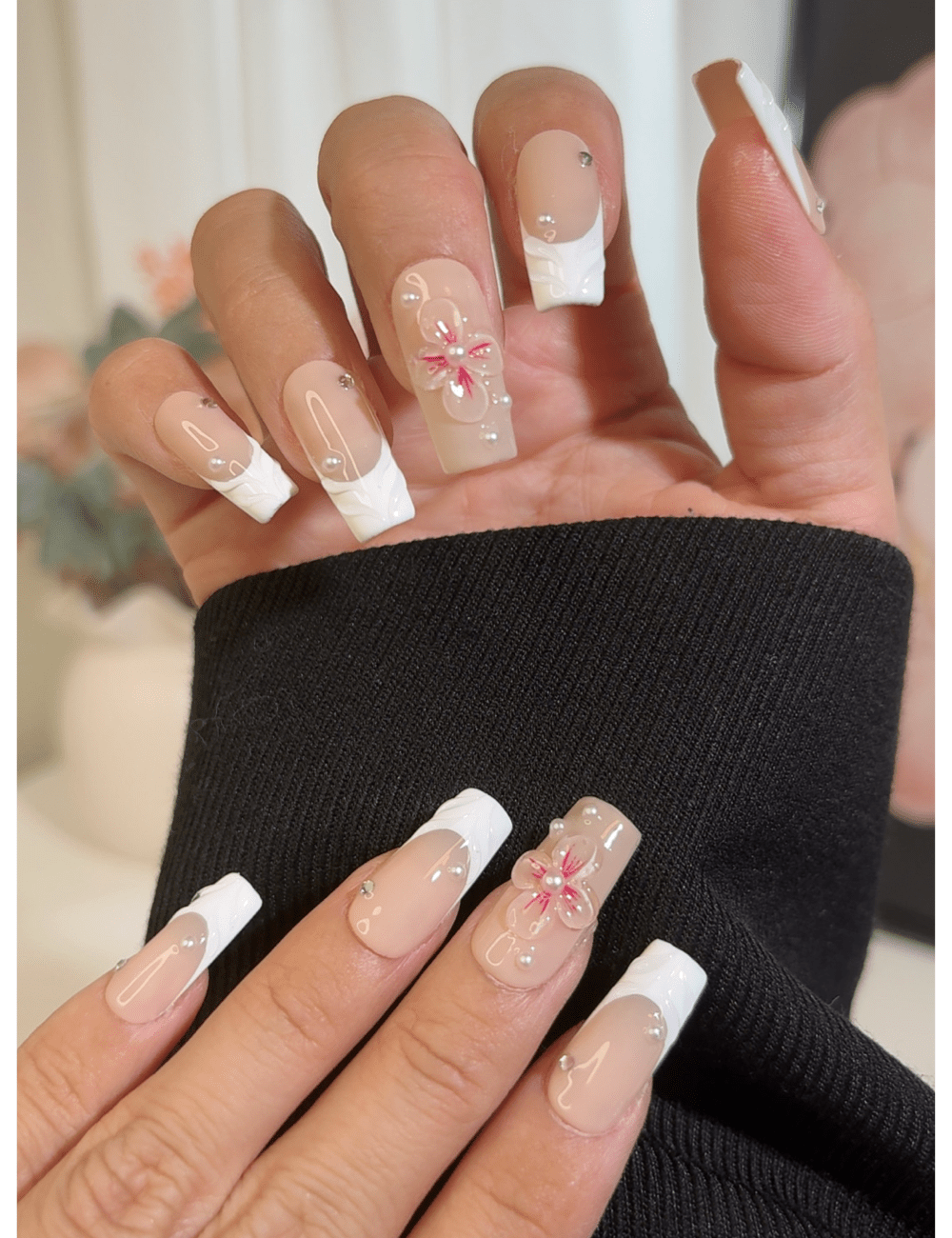White 3D Floral French Tip Press-On Nails – Long Square with Rhinestone Accents