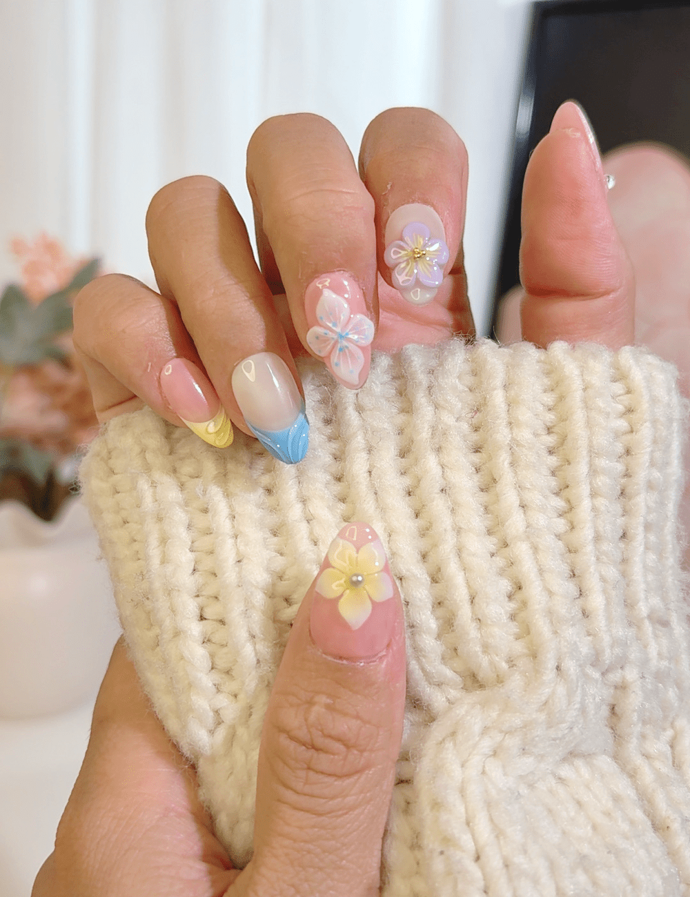 Pastel Bloom Press-On Nails – Pink & Blue Floral 3D Design | Short Almond Spring Nails