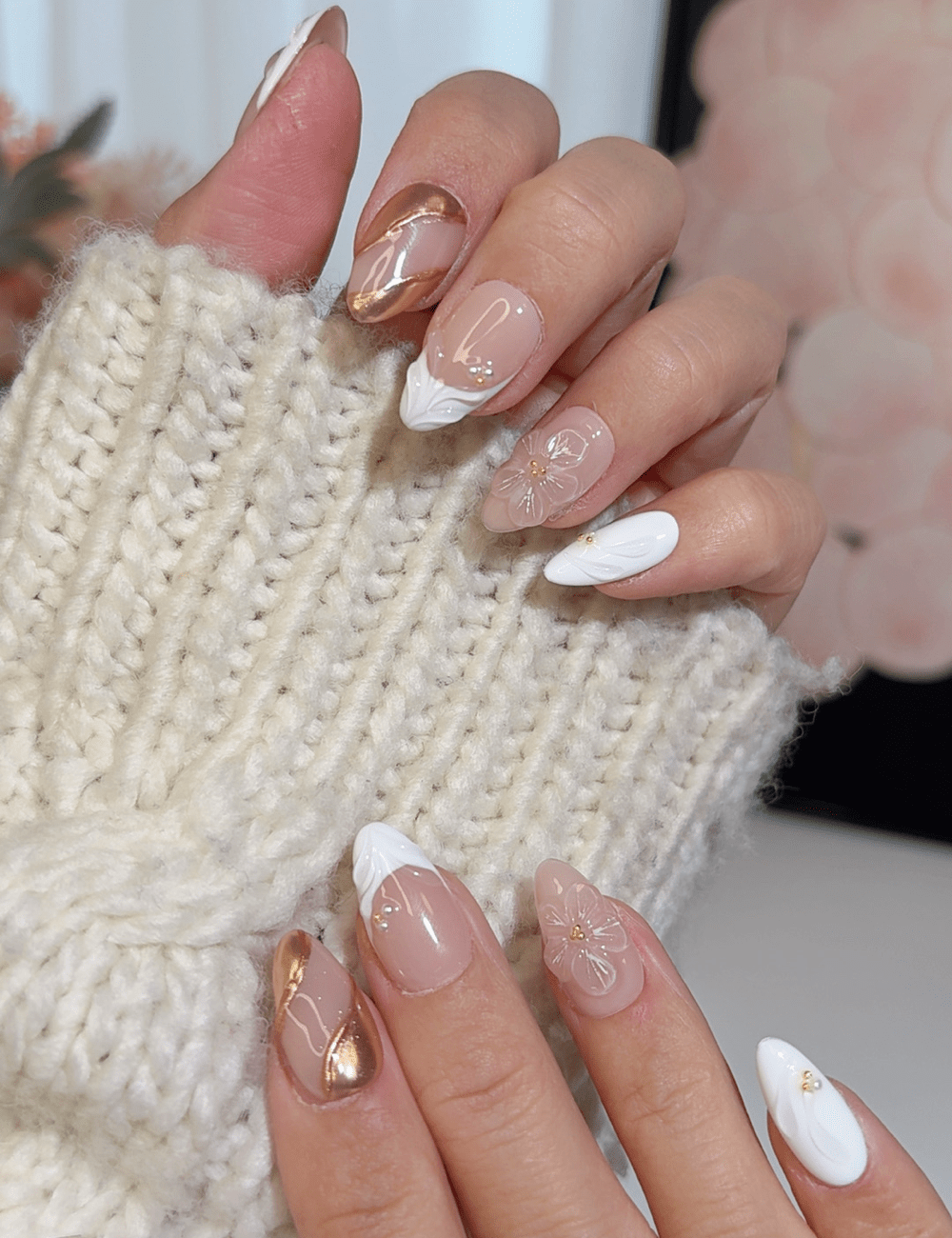 Gold Chrome & White Flower Press-On Nails