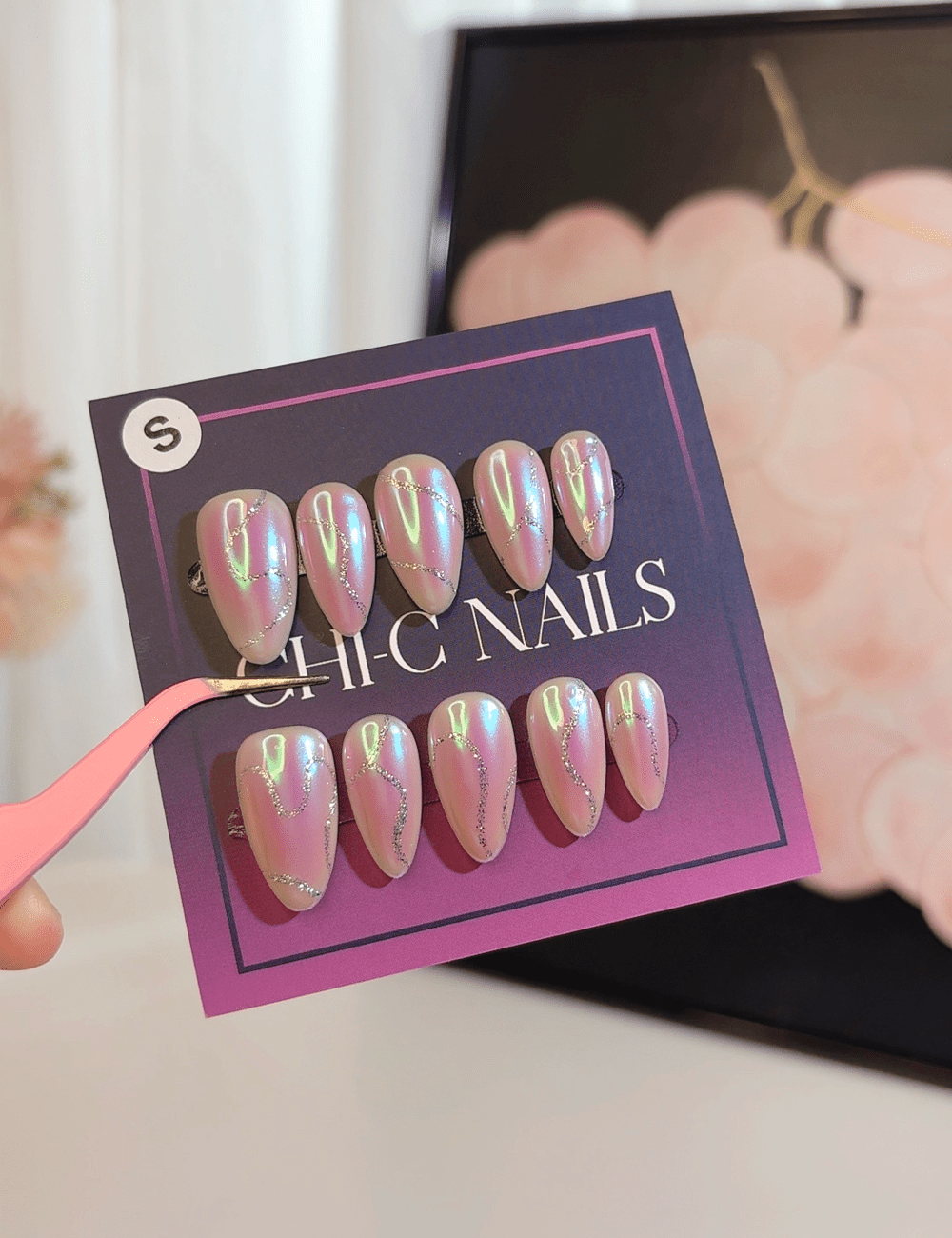 Iridescent Pink Cat Eye Press-On Nails – Medium Almond Chrome Shine with Pearl Detail
