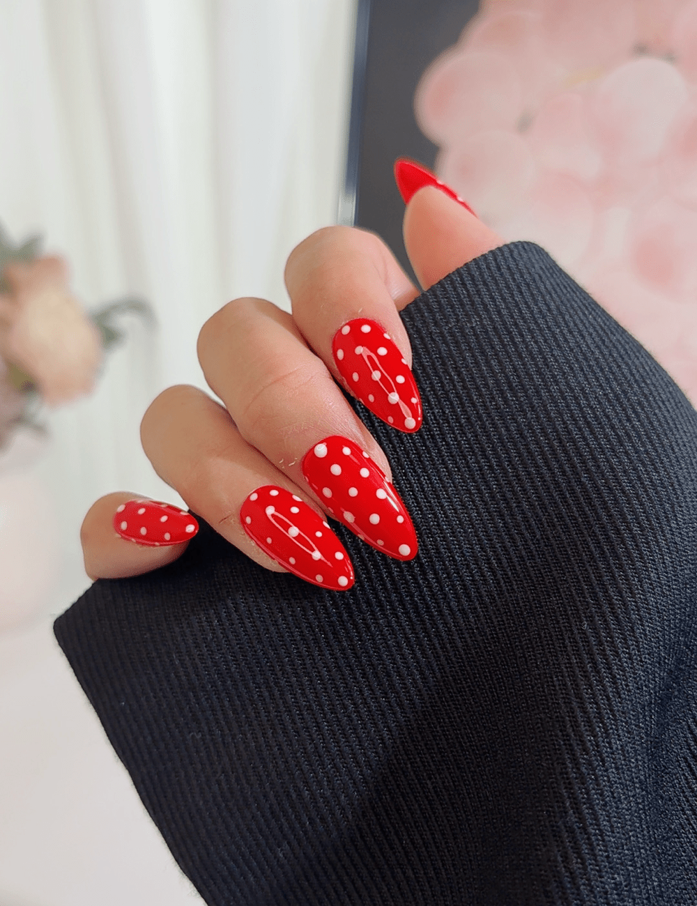 Red Polka Dot Press-On Nails | Medium Almond Reusable
