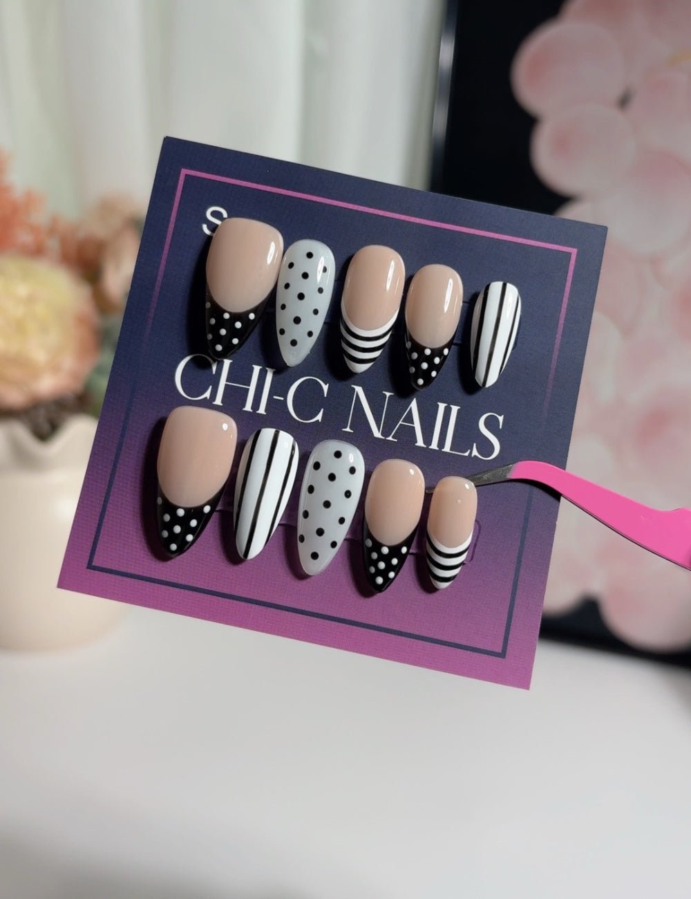Monochrome Dot & Stripe Medium Almond Nails