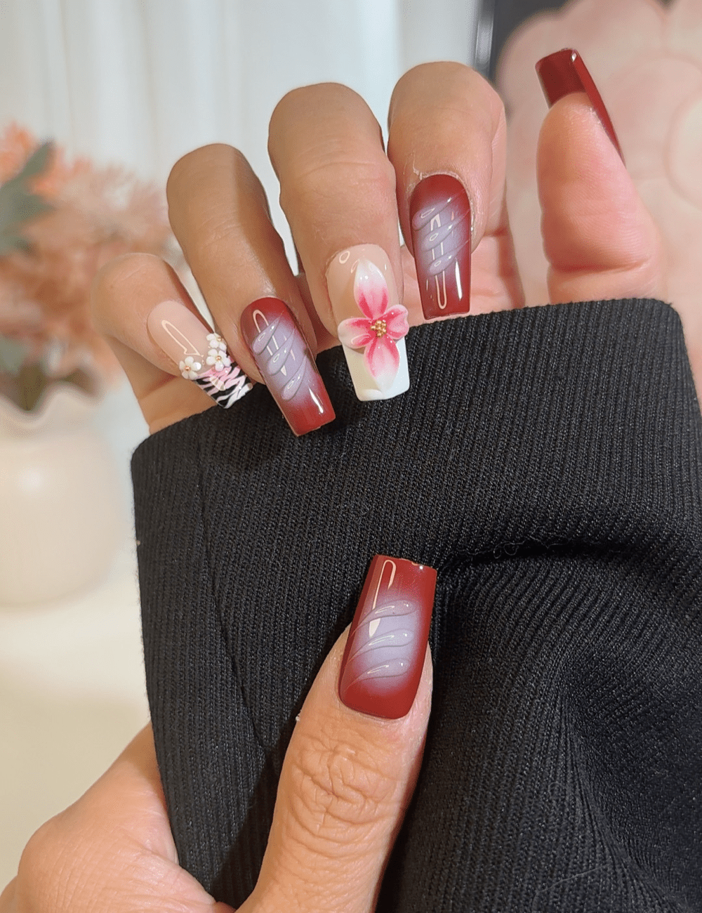 Red Ombre Press-On Nails – Long Square with 3D Orchid & Rhinestone Floral Accents