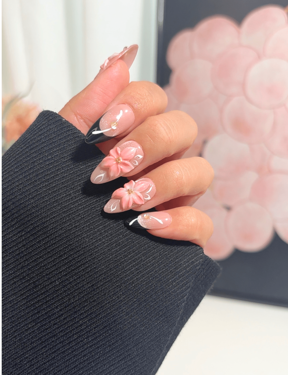 Black French Blossom 3D Press-On Nails