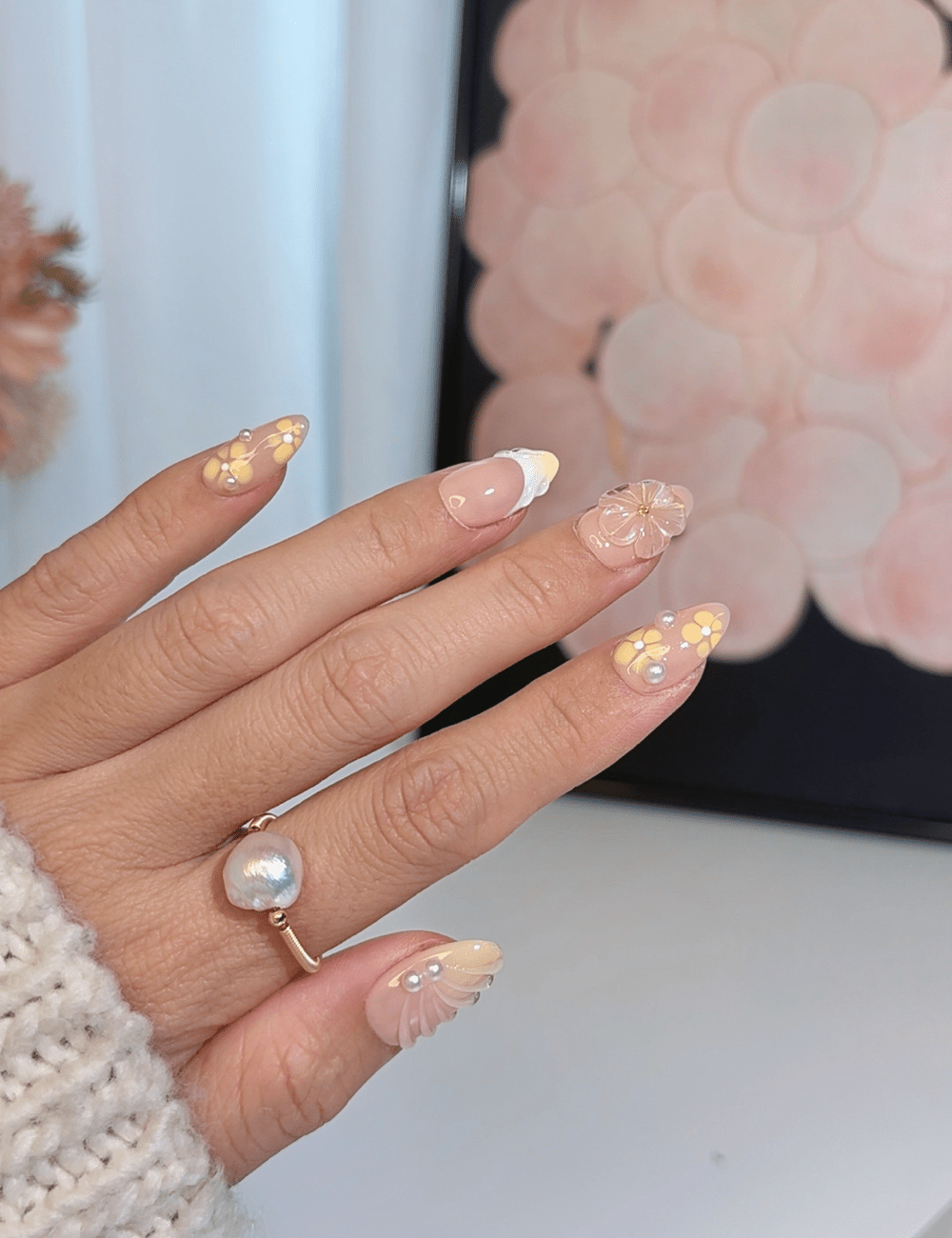 3D Yellow Floral Press-On Nails | Pearl & Daisy Design