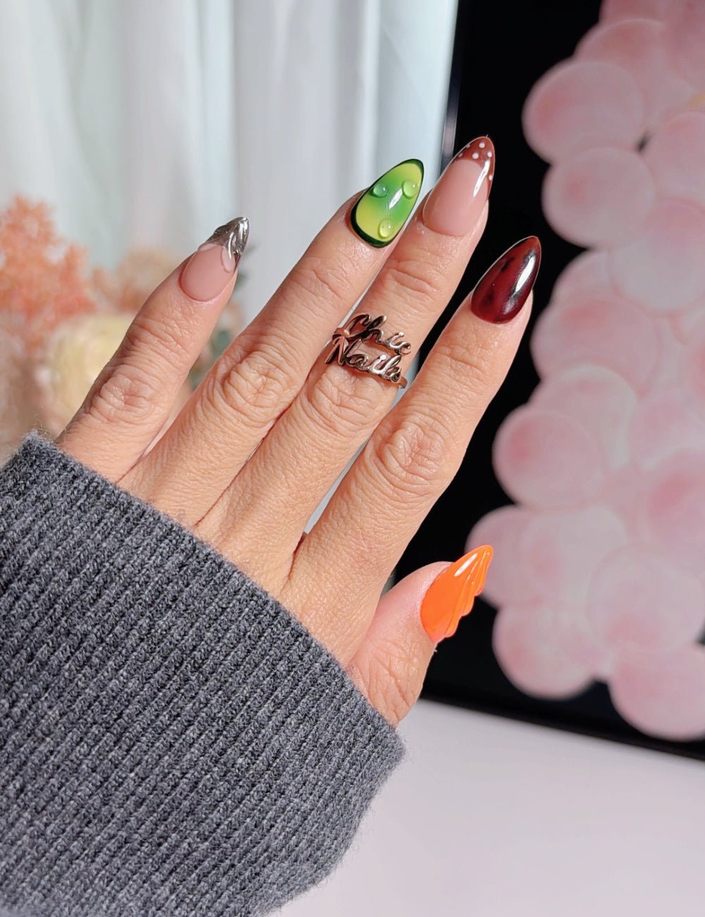 Custom 3D Water Drop Press-On Nails - Vibrant Green & Orange Reusable Nails - Medium Almond