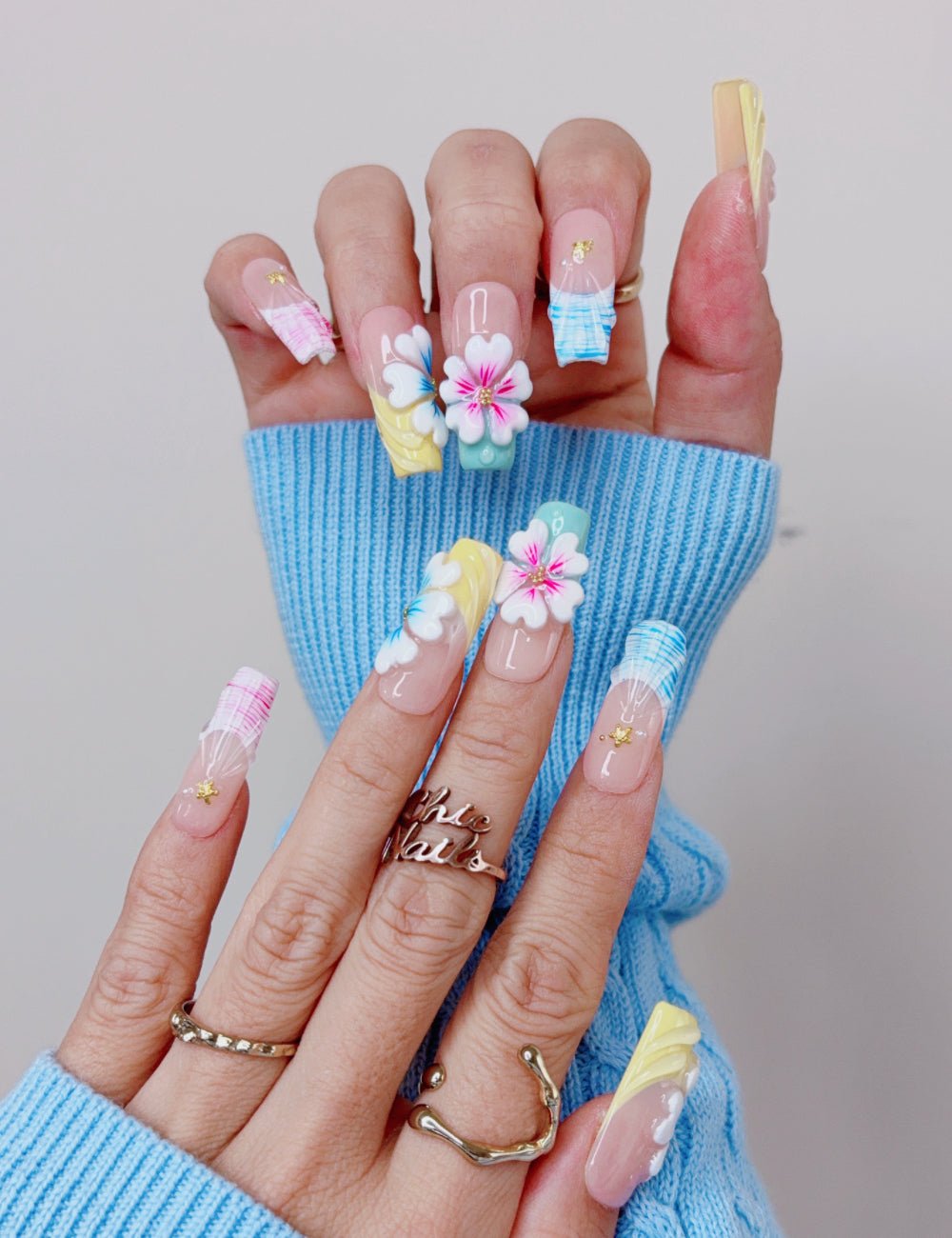 Pastel Plaid Floral Long Square Press On Nails