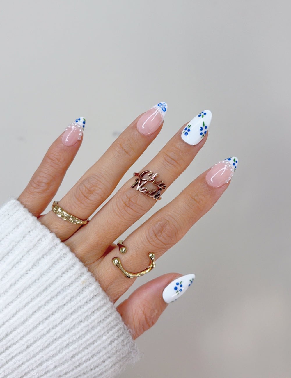 Blue Floral French Short Almond Press On Nails