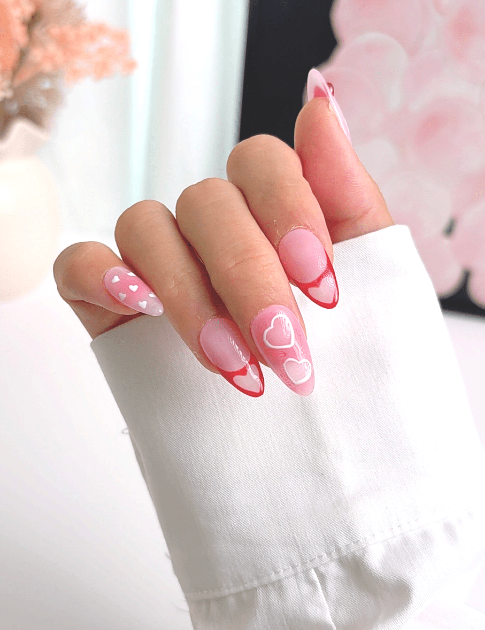 Valentine Heart French Press On Nails – Medium Almond Pink Love Design