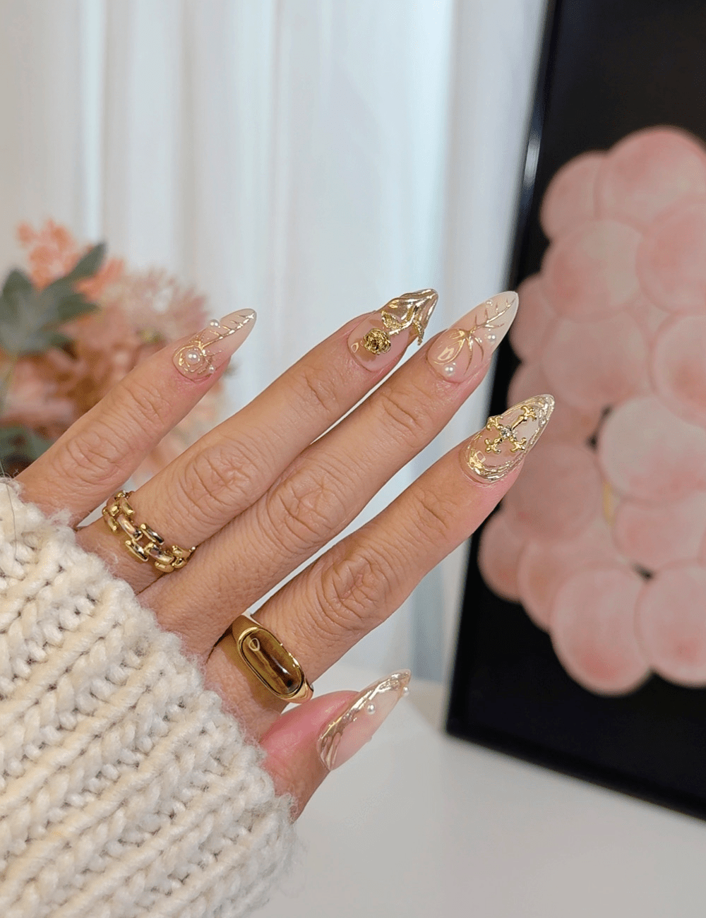 Golden Grace – Nude & Gold 3D Press-On Nails | Medium Almond