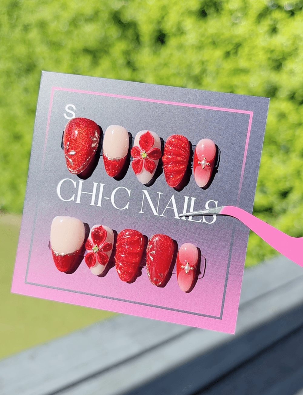 Raspberry Martini – Berry Red Floral 3D Short Almond Press-On Nails