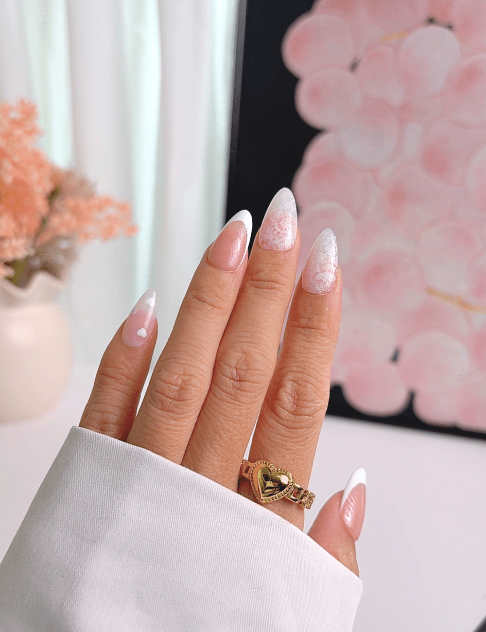 Valentine Lace French Press On Nails – Medium Almond Pink & White Heart Nails