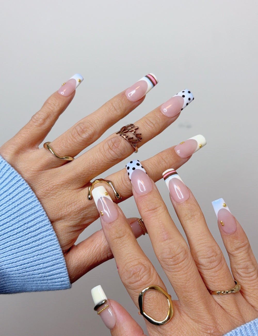 Handmade White French Polka Dot Press-On Nails – Medium Square