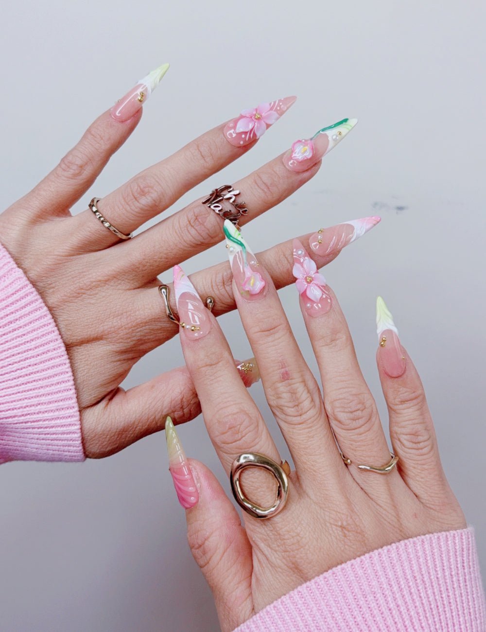 Pink Lily Floral Long Stiletto Press On Nails