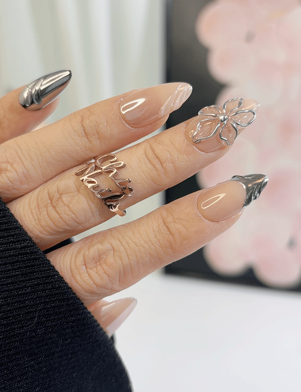Silver 3D Floral Chrome Press-On Nails – Medium Almond