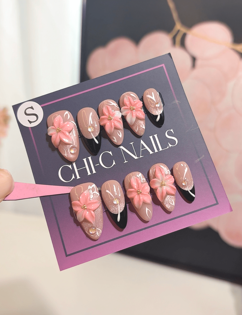 Black French Blossom 3D Press-On Nails