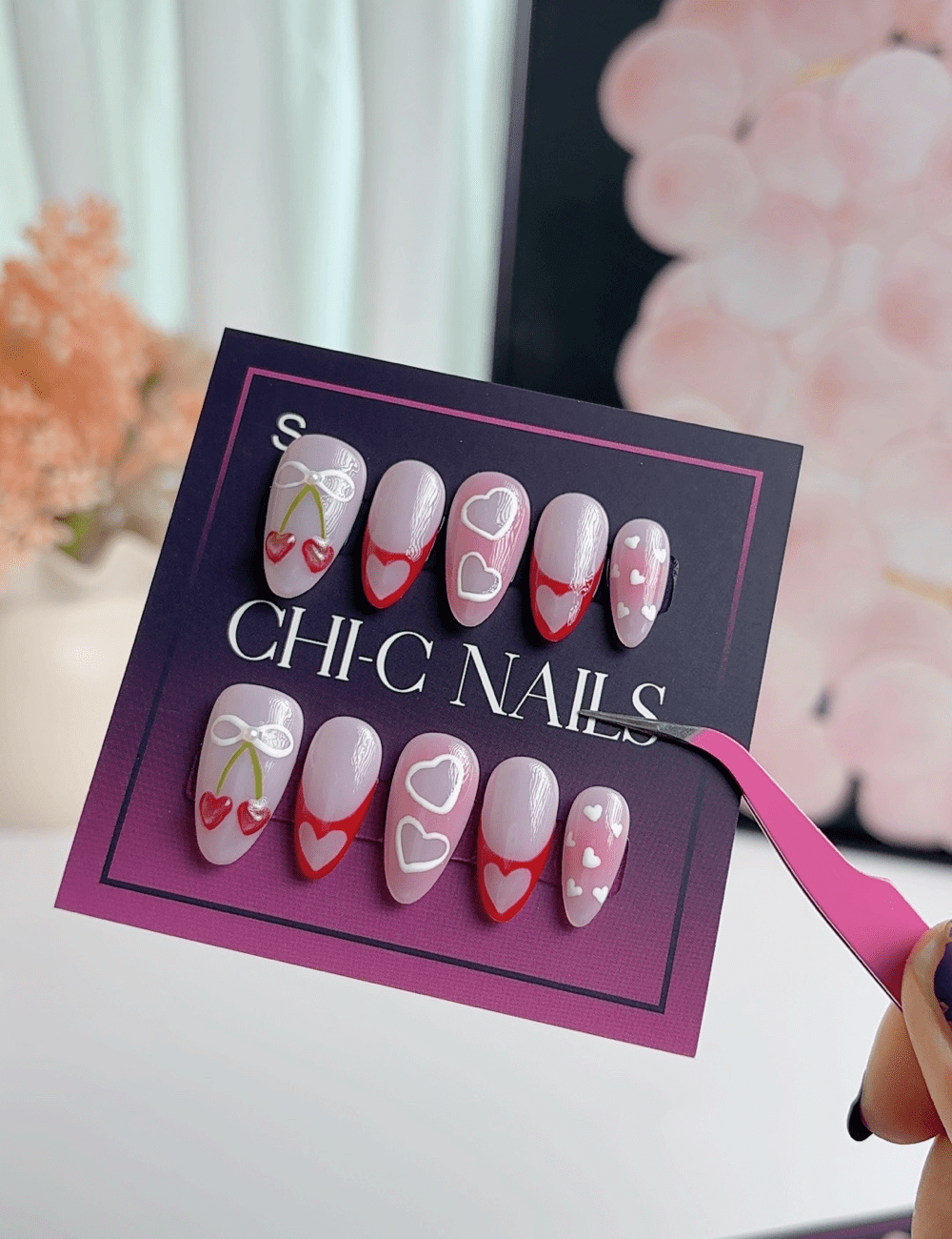 Valentine Heart French Press On Nails – Medium Almond Pink Love Design