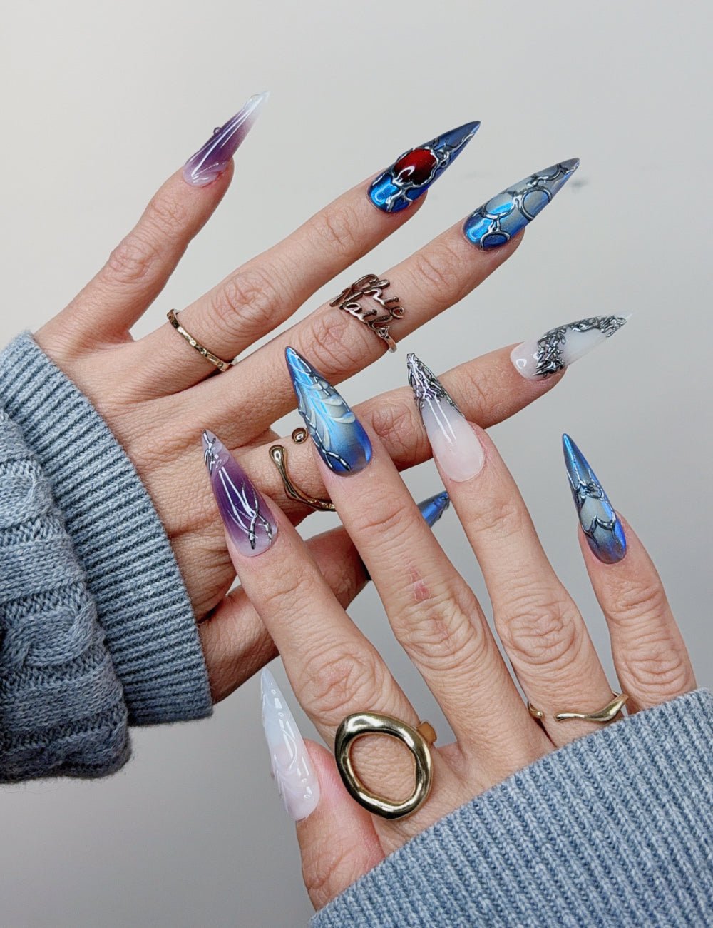 Blue Gothic Fantasy Long Stiletto Press On Nails