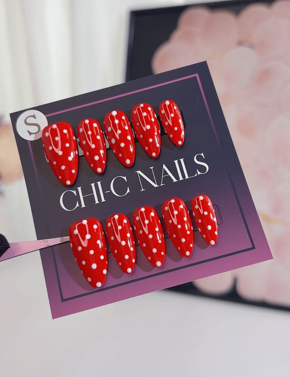 Red Polka Dot Press-On Nails | Medium Almond Reusable