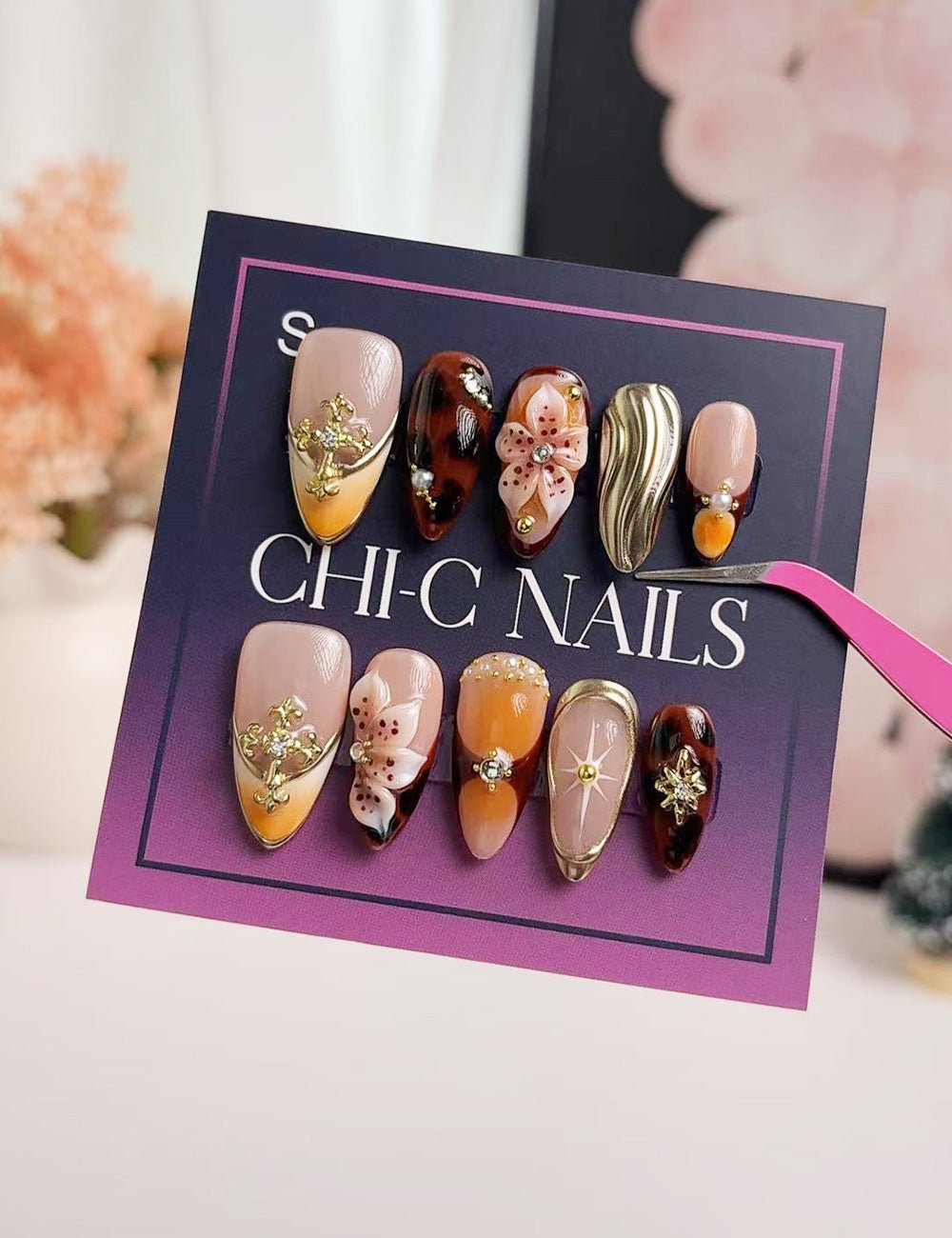 Floral Press On Nails with Glue, Medium Almond, Handmade 3D Flower Nails, Gold Detail Artistic Nails