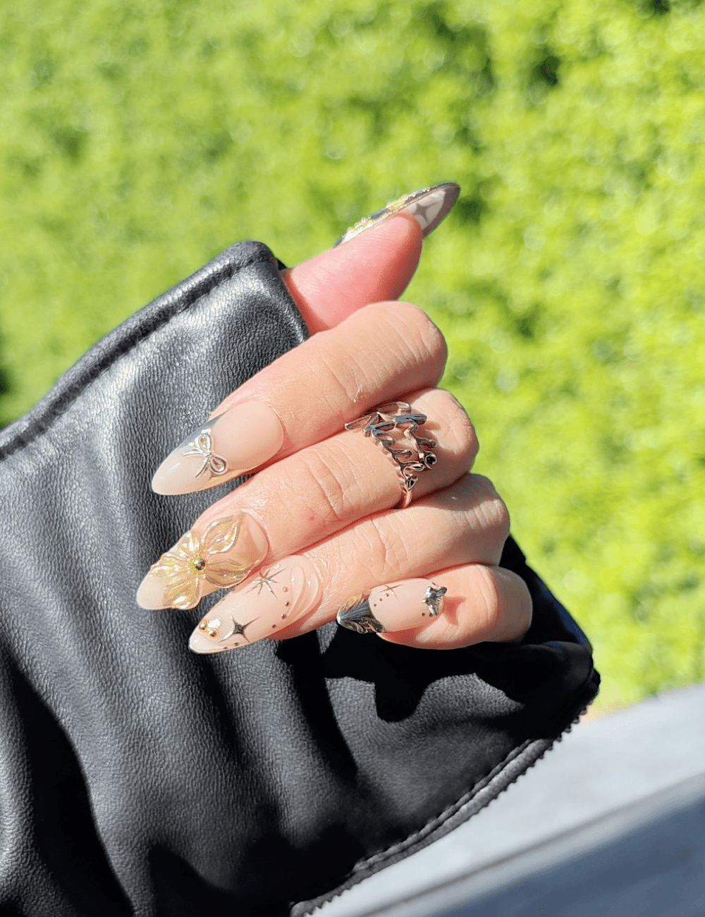 Golden Muse – 3D Gold Floral Medium Almond Press-On Nails